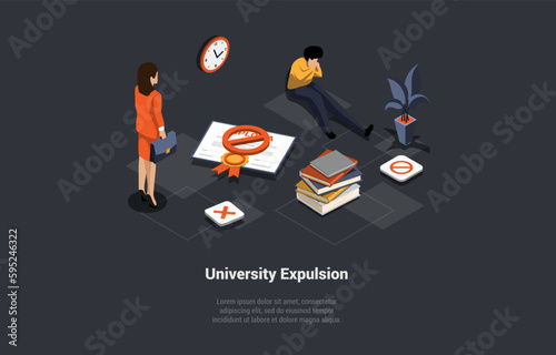 Univercity Expulsion Concept. Confused Student Holding His Head Sitting On The Floor Because Of Fail Exam And Removal or Banning of From School or University. Isometric 3D Concept Vector Illustration