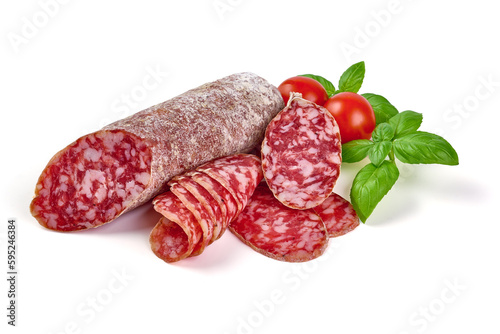 Cured salami sausage, Italian sausage with mold, isolated on white background. photo