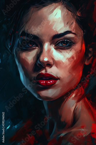 Lady beauty with red lips in style of digital art  dark brown and black, noir comic art, strong facial expression, referential painting, high definition, eye - catching composition, generative ai