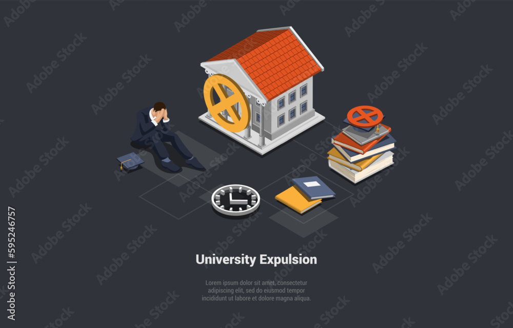 Univercity Expulsion Concept. Confused Student Holding His Head Sitting Near College Buinding. Boy Failed An Exam And Was Removal From School or University. Isometric 3D Cartoon Vector Illustration Univercity Expulsion Concept. Confused Student Holding His Head Sitting Near College Buinding. Boy Failed An Exam And Was Removal From School or University. Isometric 3D Cartoon Vector Illustration
