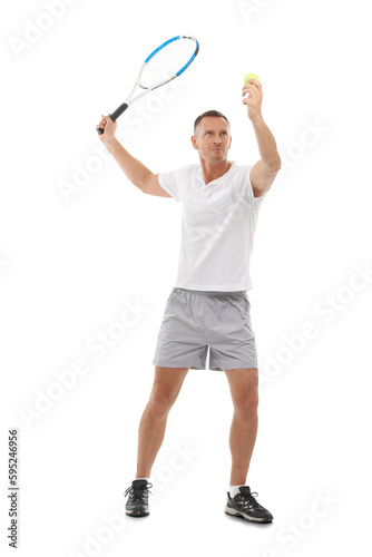 Tennis, hit or mature man in fitness training, exercise or workout isolated on transparent png background. Sports athlete, wellness or healthy person with a racket to start or serve in a match game © Harsh/peopleimages.com
