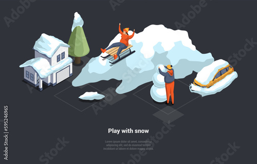 Winter Holidays, Family Christmas Vacations. Male And Female Characters Are Sledding Downhill. Happy Children Making Snowman Outdoor Spending Time Together In Winter. Isometric 3D Vector Illustration