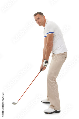 Golf, sports and man with club for hit on isolated, png and transparent background ready for game. Hobby, golfing and senior male golfer focus with ball and driver for workout, exercise and fitness