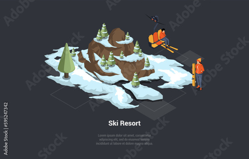 Winter Holidays And Family Vacations Concept. People Skiing Near Resort Hotel With Snowy Roofs. Boy And Girl Riding Ski Lift. Place For VIP Winter Christmas Holidays. Isometric 3D Vector Illustration
