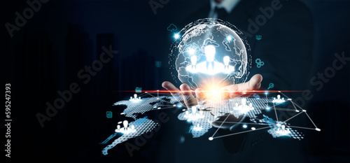 Fototapeta Naklejka Na Ścianę i Meble -  CRM Customer network Relationship Management for business sales marketing system concept. Businessman hold of global structure customer network technology, clients, assistance,organization of client..