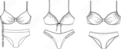 Woman sustainable swimwear, technical drawing, template, sketch, flat, mock up. Recycled PA, Recycled PES, Lycra fabric swimwear front view, white color