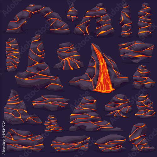 Volcano ground rock stone with lava in cracks. Lava rock with crack. Vector illustration set EPS10.