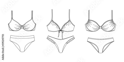 Woman sustainable swimwear, technical drawing, template, sketch, flat, mock up. Recycled PA, Recycled PES, Lycra fabric swimwear front view, white color