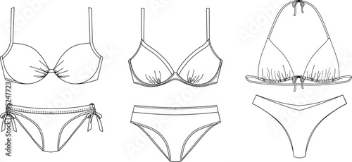 Woman sustainable swimwear, technical drawing, template, sketch, flat, mock up. Recycled PA, Recycled PES, Lycra fabric swimwear front view, white color
