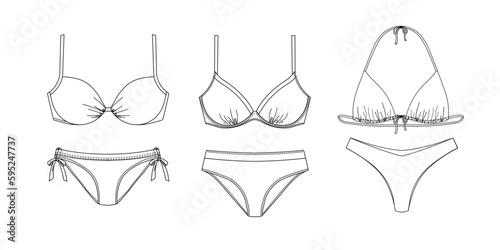 Woman sustainable swimwear, technical drawing, template, sketch, flat, mock up. Recycled PA, Recycled PES, Lycra fabric swimwear front view, white color