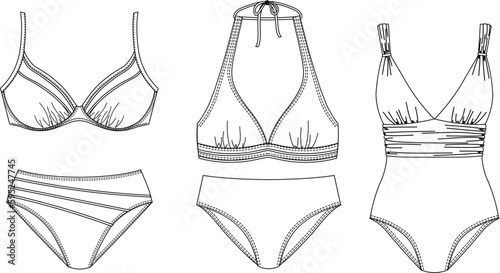 Woman sustainable swimwear, technical drawing, template, sketch, flat, mock up. Recycled PA, Recycled PES, Lycra fabric swimwear front view, white color