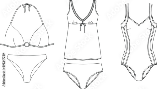 Woman sustainable swimwear, technical drawing, template, sketch, flat, mock up. Recycled PA, Recycled PES, Lycra fabric swimwear front view, white color