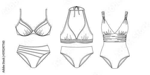 Woman sustainable swimwear, technical drawing, template, sketch, flat, mock up. Recycled PA, Recycled PES, Lycra fabric swimwear front view, white color