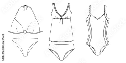 Woman sustainable swimwear, technical drawing, template, sketch, flat, mock up. Recycled PA, Recycled PES, Lycra fabric swimwear front view, white color