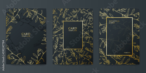 Gold color cards with floral branches on the dark background. Autumn cards or posters templates