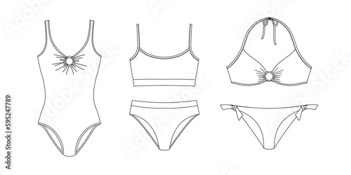 Woman sustainable swimwear, technical drawing, template, sketch, flat, mock up. Recycled PA, Recycled PES, Lycra fabric swimwear front view, white color