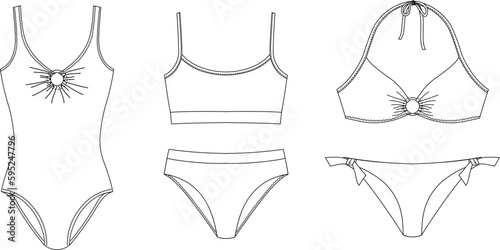 Woman sustainable swimwear, technical drawing, template, sketch, flat, mock up. Recycled PA, Recycled PES, Lycra fabric swimwear front view, white color