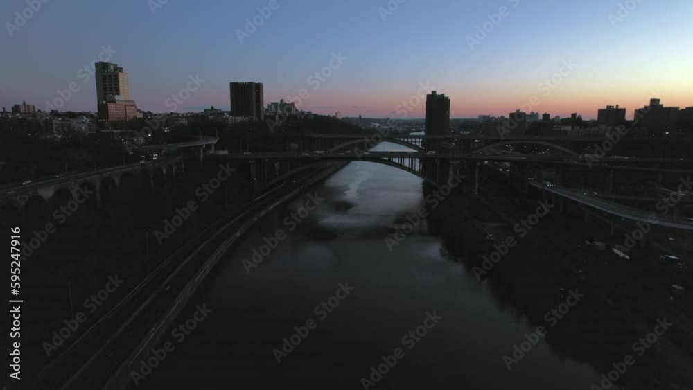 Aerial video of the high bridge walkway, which crosses the Harlem River in New York during sunset
