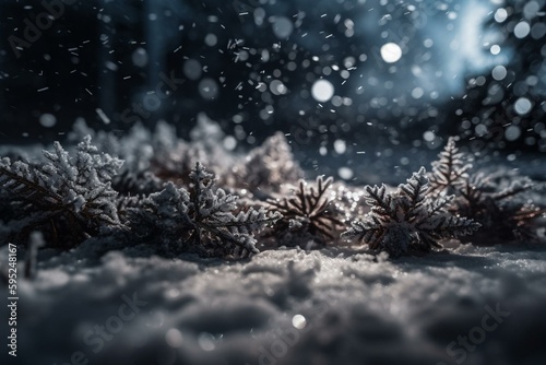 Snowflakes falling on top of each other in a snowfall. Generative AI © Milana