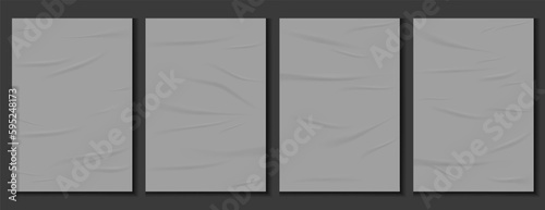 Realistic set of grey glued wall posters. Glued posters, old adhesive texture mockup. Blank sheets creased effect. Blank pages with wrinkles, realistic 3d set
