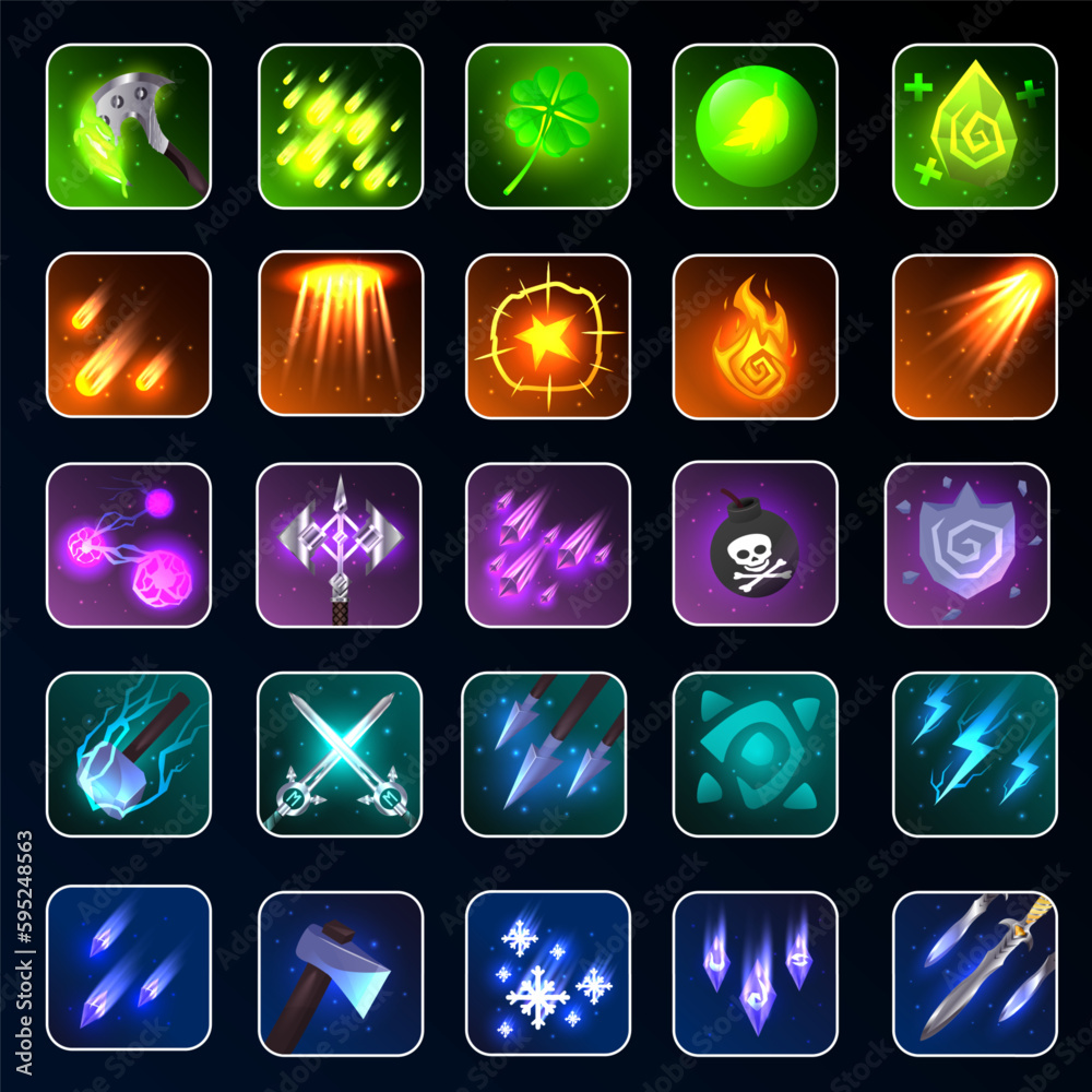 RPG game icon. Fantasy game icons of magic spells and skills. Game ...