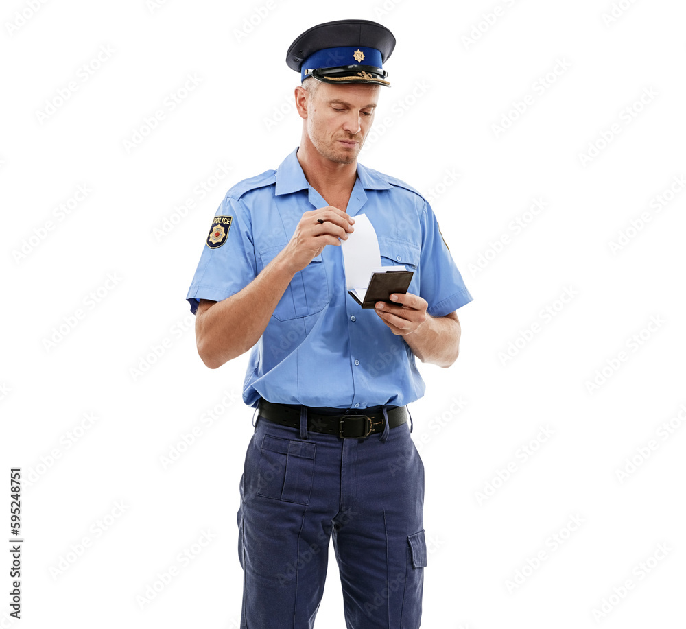 Police man, writing ticket and officer isolated on a transparent png background with notepad for traffic laws. Serious, law enforcement and policeman, detective or mature person with paper for fine. Police man, writing ticket and officer isolated on a transparent png background with notepad for traffic laws. Serious, law enforcement and policeman, detective or mature person with paper for fine.