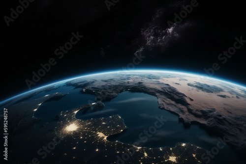 Earth with highlighted Qatar  city lights  country borders  moon  and Milky Way in space. Generative AI
