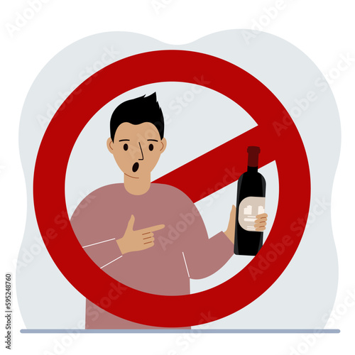 A man with a bottle of alcohol in his hand. Around the man is a red prohibition sign. The concept of addiction to alcohol and the prohibition of drinking alcohol.