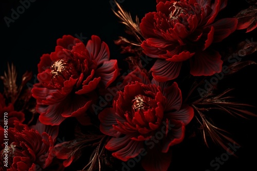 Continuous red floral design against black background. Generative AI © Ebrahim
