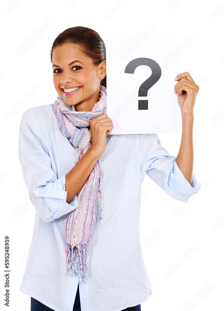Question mark, smile and portrait of a woman with a poster isolated on a transparent png background. Asking, sign and female person with questions, interrogation and why, inquiry and quiz paper. Question mark, smile and portrait of a woman with a poster isolated on a transparent png background. Asking, sign and female person with questions, interrogation and why, inquiry and quiz paper.