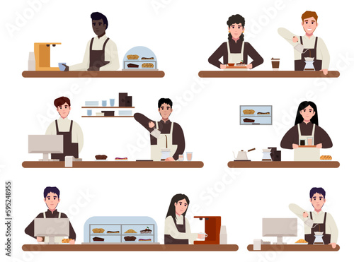 Group of cafe workers. Barista in apron making Coffee, cappuccino, pouring milk to coffee. Cafe bar background. hand drawn style