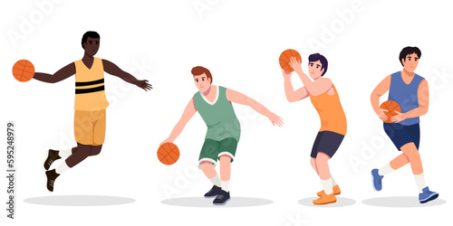 Basketball player. African American and white men playing, guys jumping with ball, muscular basketball players in different playing positions.