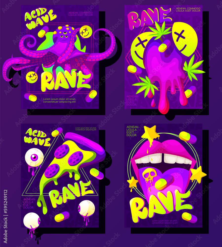 Modern collection of acid abstract posters in the style of Techno. Rave trip banners with psychedelic illustrations