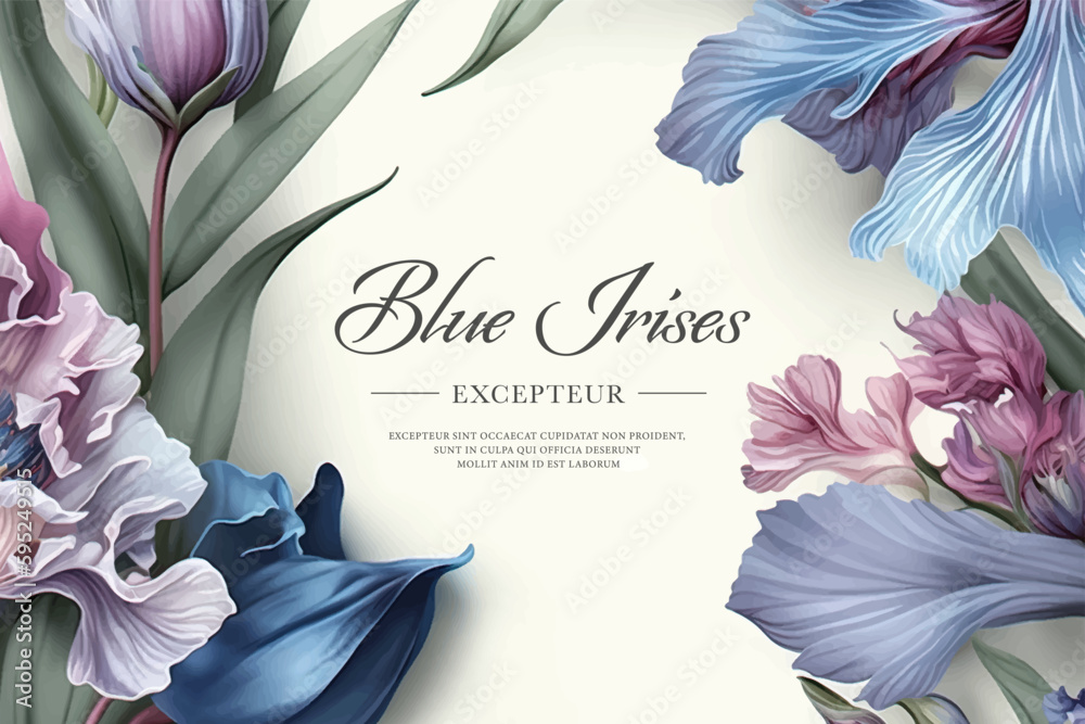 Vector watercolor banner with beautiful framed irises flowers for spring or summer holiday, women's day, mother's day, wedding