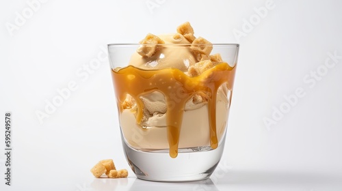 Butterscotch toffee ice cream in a glass with butterscotch sauce and bits of toffee on White Background with copy space for your text created with generative AI technology