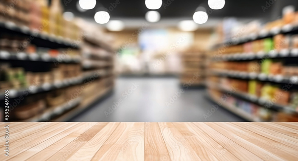 Empty Wooden Table in Store for Product Display with Copy Space and Blurred Business Background