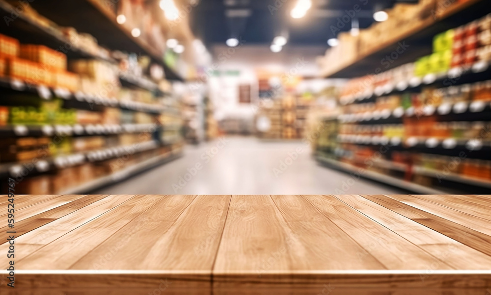 Empty Wooden Table in Store for Product Display with Copy Space and Blurred Business Background