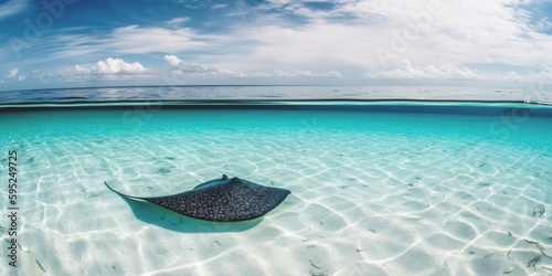 Stingray swimms under blue water on the white sand beach, Generated ai