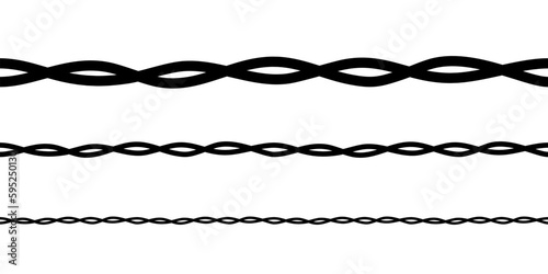 Black siluette of wire, seamless pattern set vector illustration. Barbwire with twisted steel spiral shapes and curves for fence barrier, fencing prison border on wall isolated on white background