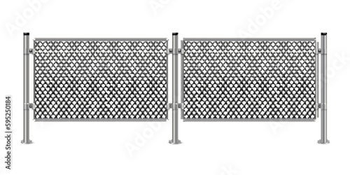 Two section of chain link fence vector illustration. 3D realistic metal grid safety barrier with mesh net between steel or iron poles, isolated border silver or steel structure for fence perimeter