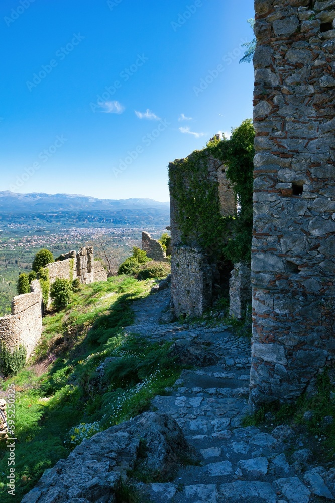 Beautiful shot of the historic ruins of a Byzantine Church in medieval city of Mystras,Greece