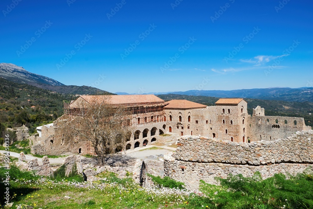 Beautiful shot of the historic ruins of a Byzantine Church in medieval city of Mystras,Greece