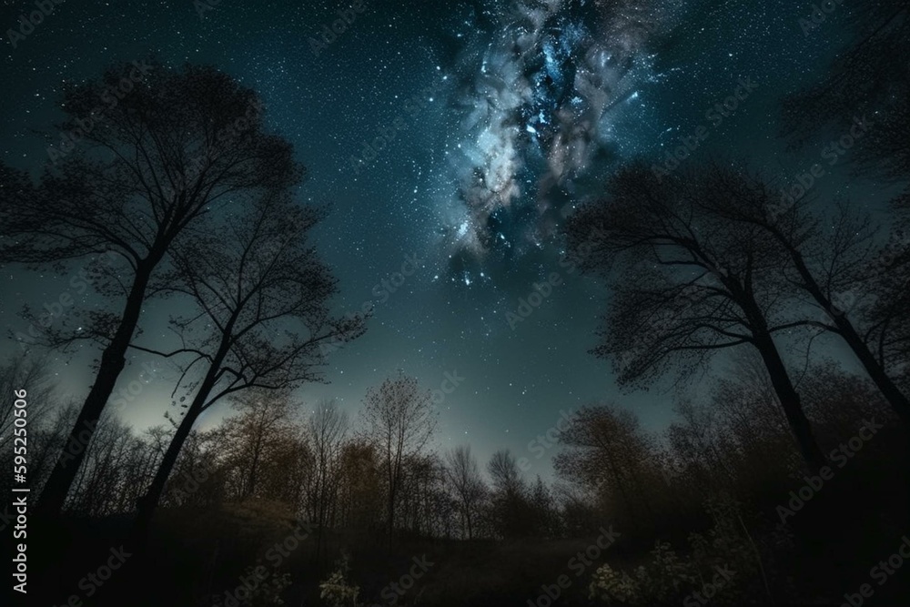View of the sky with stars and clouds through trees. Generative AI
