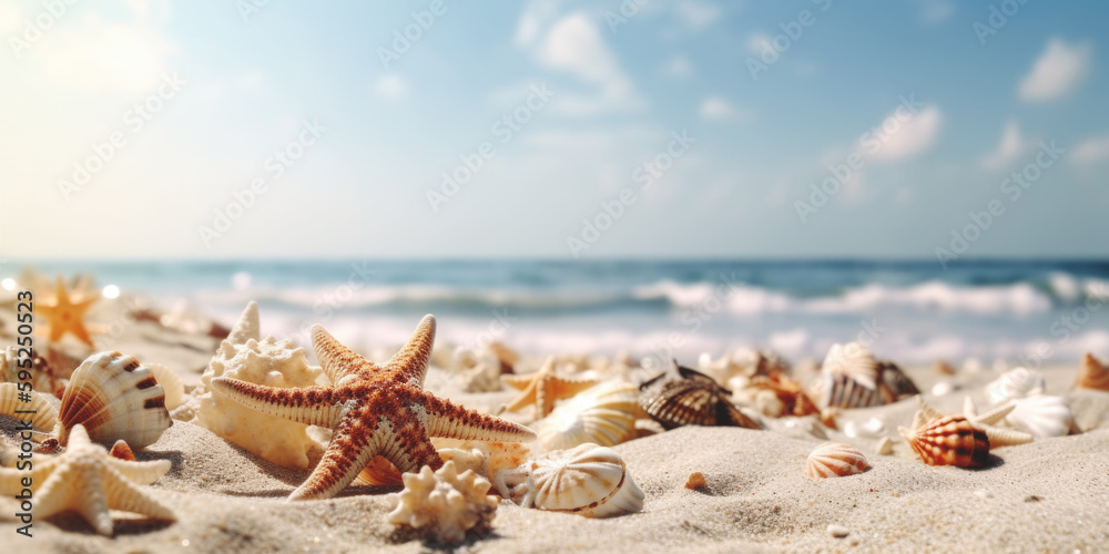 Beautiful sand beach with a starfishes and seashells AI generative art - obrazy, fototapety, plakaty 