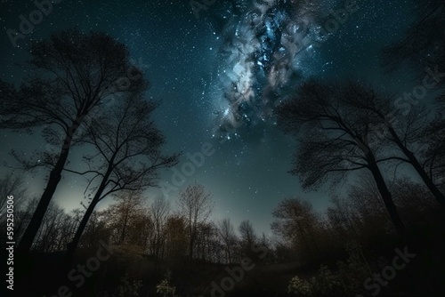 View of the sky with stars and clouds through trees. Generative AI © Arnav