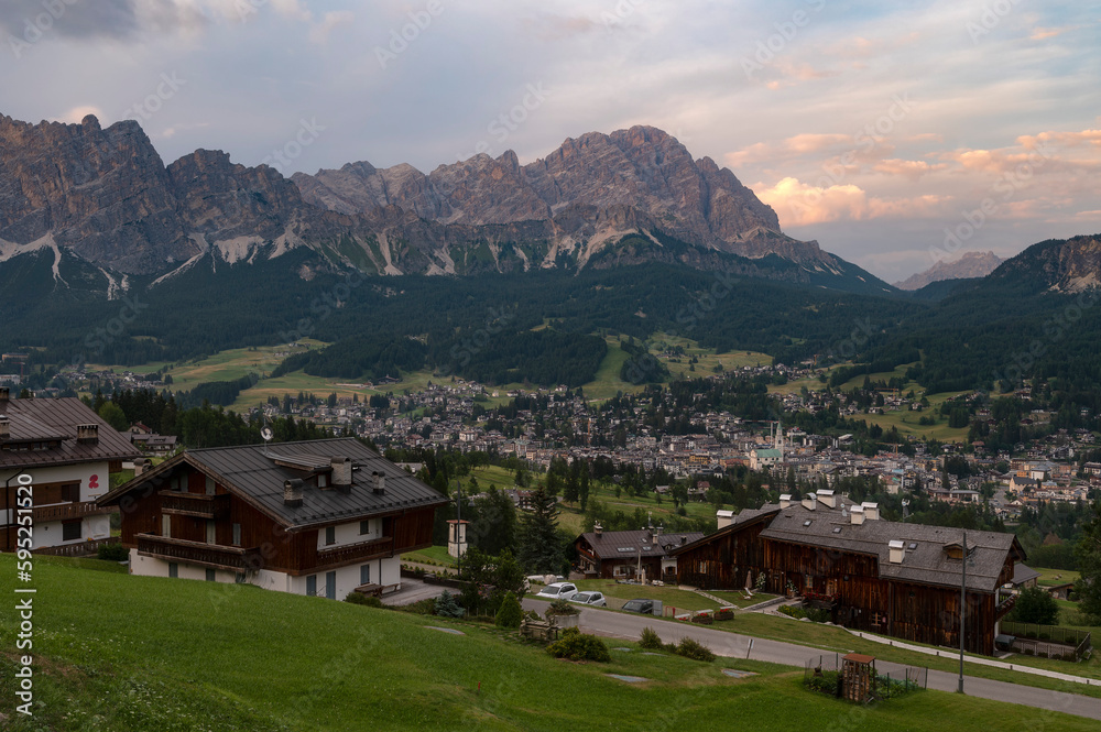 Cortina d'Ampezzo, the biggest mountain towns of Dolomites, Italy during sunset in summer