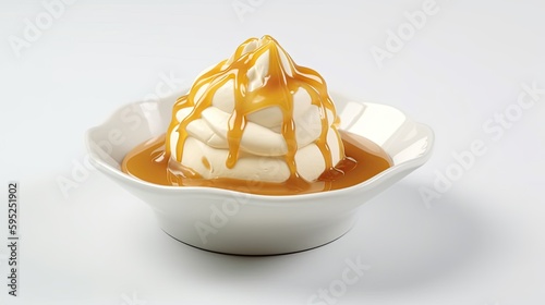 Butterscotch ice cream in a dish with butterscotch sauce and whipped cream on White Background with copy space for your text created with generative AI technology