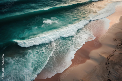 Ocean waves on the beach as a background. Beautiful natural summer vacation holidays background. generative ai.Aerial top down view of beach and sea with blue water waves