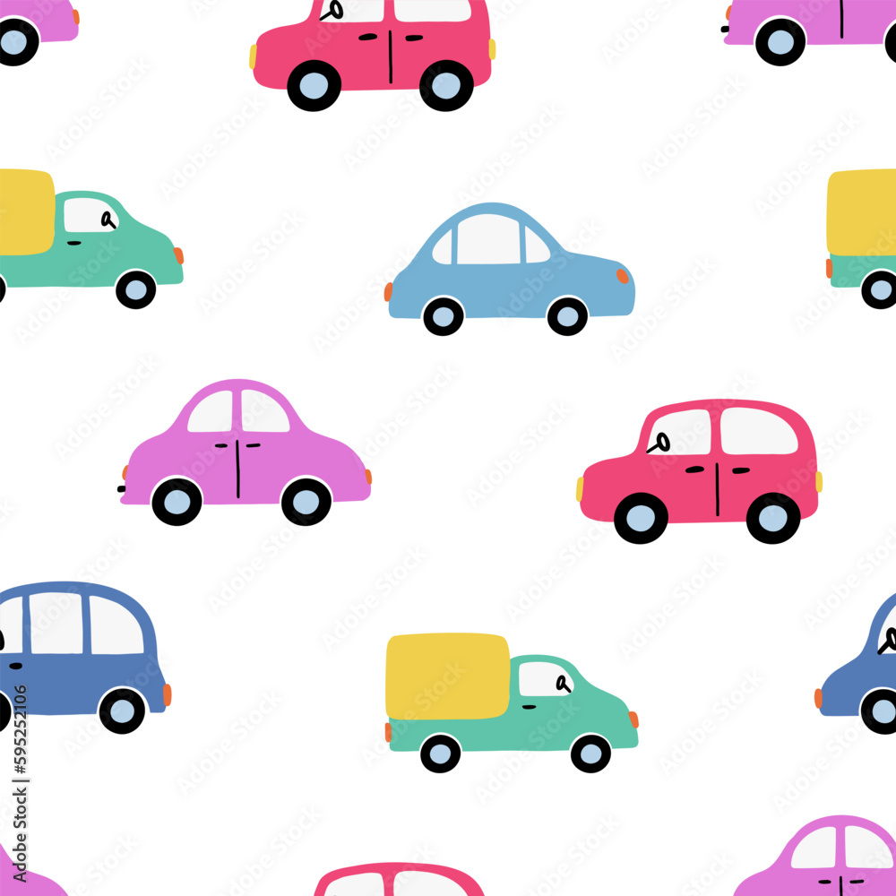 Seamless pattern with hand drawn cartoon cars. Childish style. Cute kids design for fabric, wrapping, textile, wallpaper, apparel etc. Vector illustration
