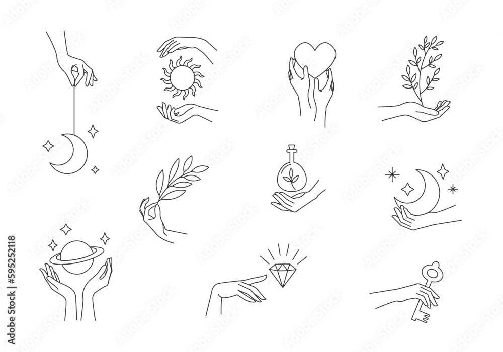 Woman's hand holding moon and stars, magic mystical symbol. Abstract logo template set for your design, line art style. Vector illustration